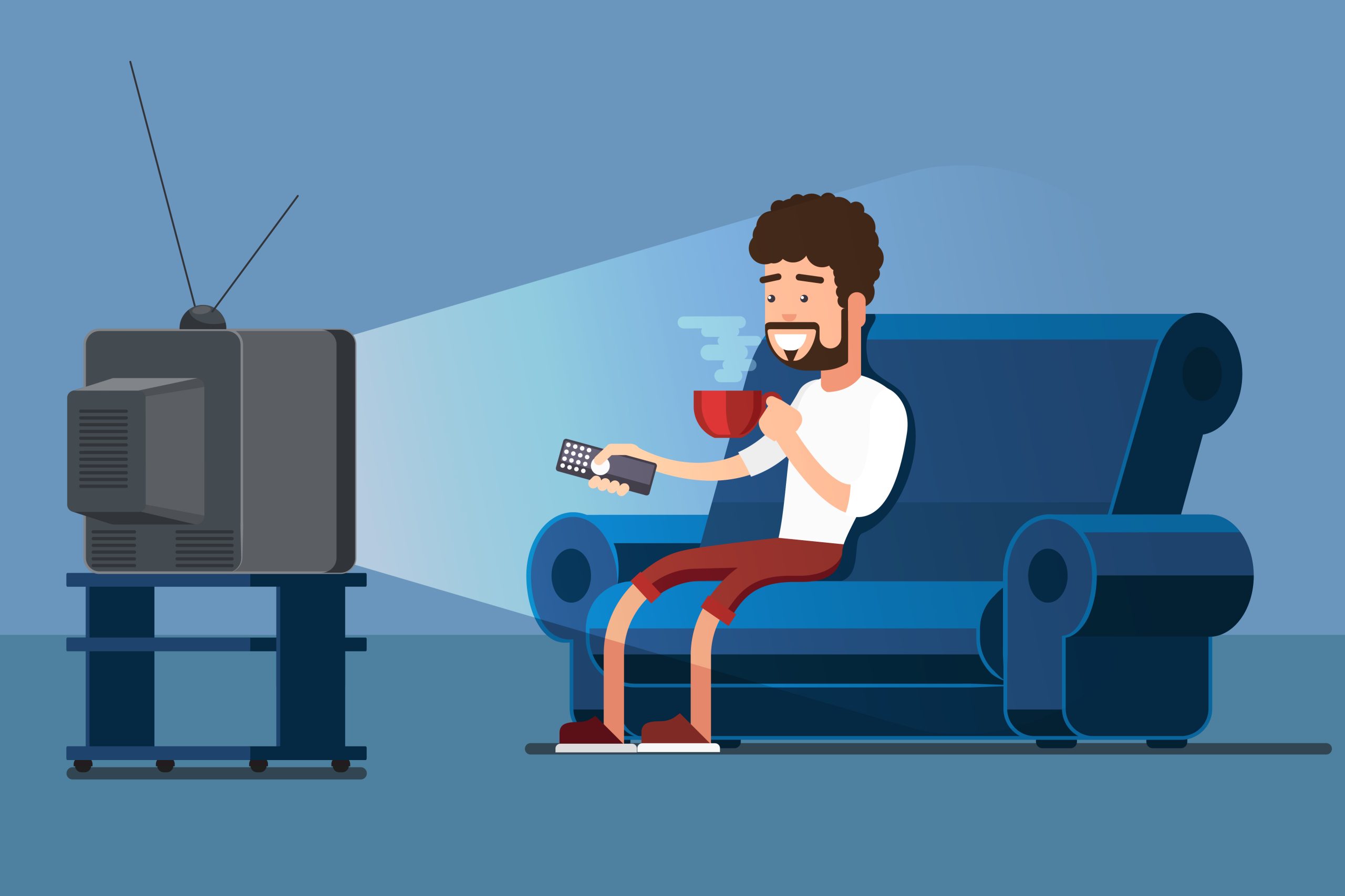 Man watches TV on sofa with coffee cup vector illustration