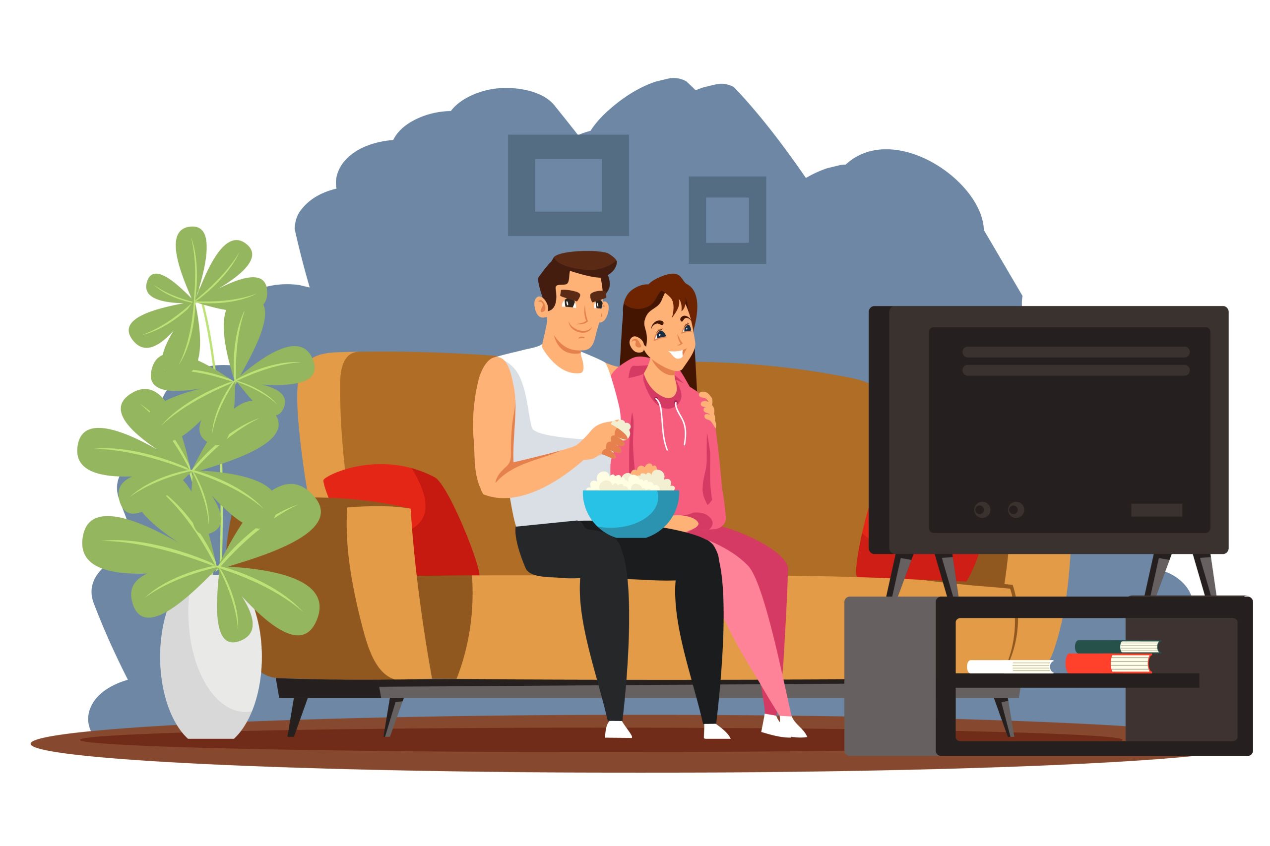 Happy couple watching tv at home young family at house sitting on couch watching television and eating popcorn together Love and romance at house with modern interior design - YeahIPTV watch yeahiptvs